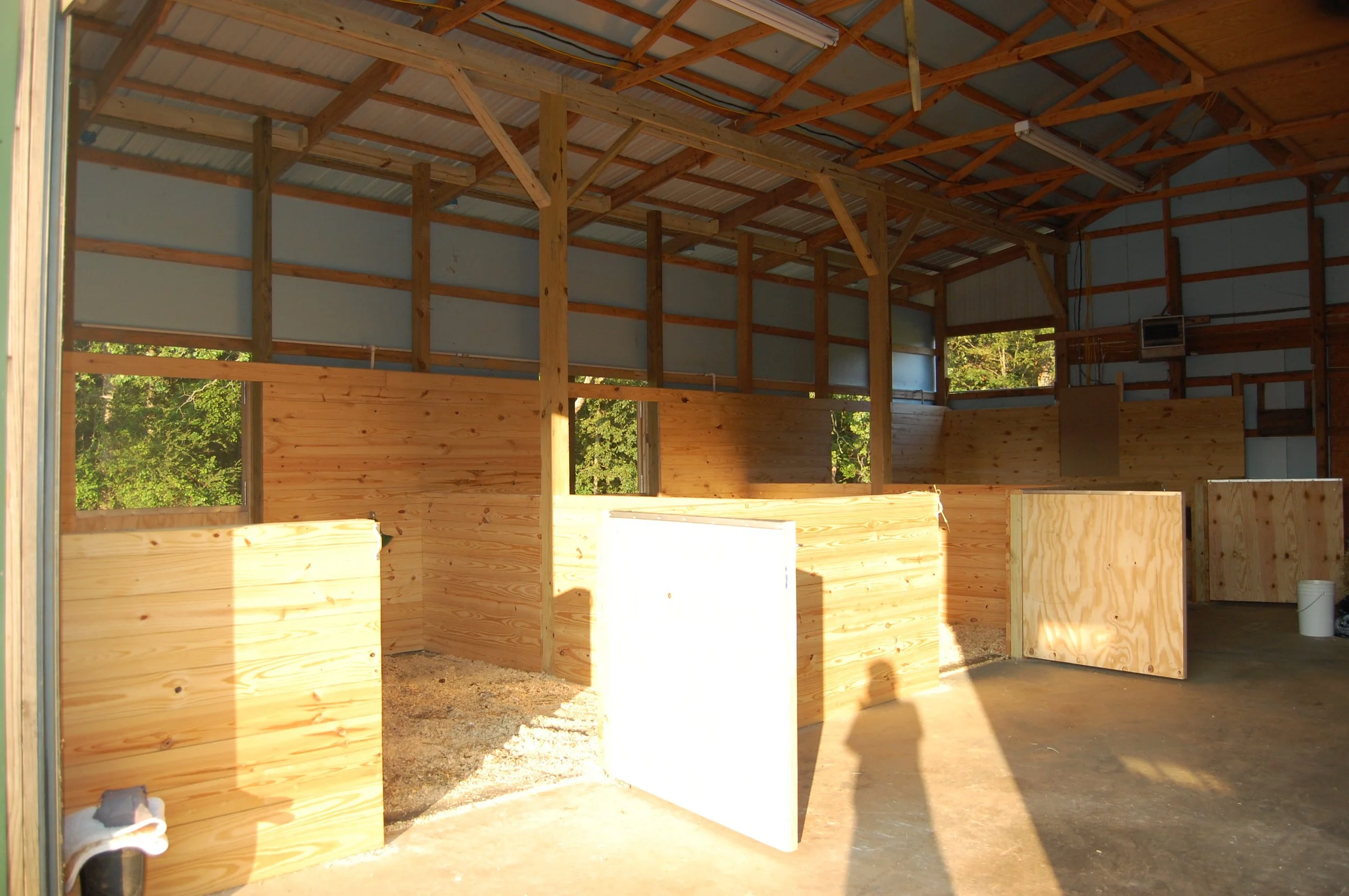 Interior of a horse barn, with partial stall partitions and exposed roof framing, sunlight streaming in through openings, and construction materials on the floor.