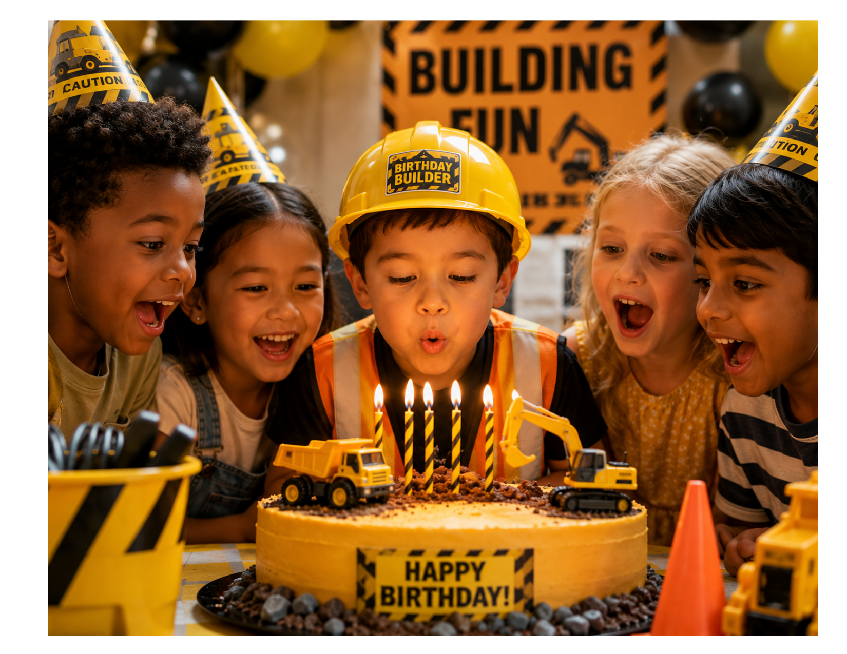 Children celebrating a birthday with construction-themed decorations, wearing construction hats, and blowing out candles on a cake decorated with toy excavators.