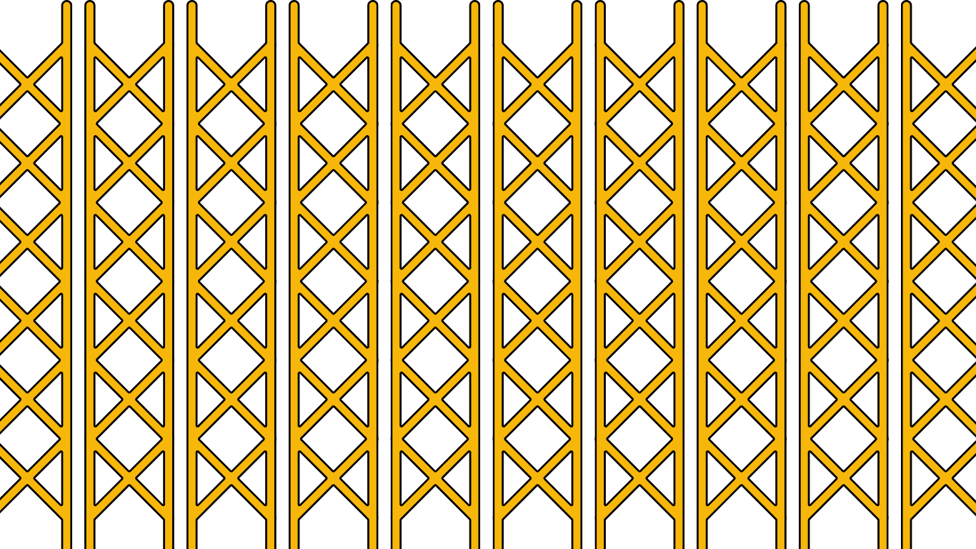 A close-up of a yellow and black lattice gate with intersecting diagonal lines forming diamond shapes.