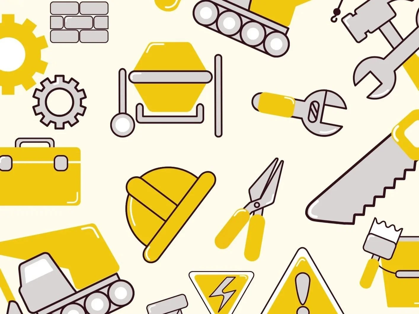 Collection of construction and industrial tools and safety symbols including a chain, gears, a shovel, scissors, a toolbox, and warning signs in yellow and gray colors.