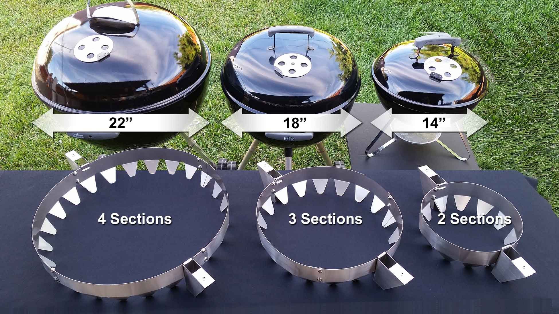 Three of the most common kettle grill sizes: the 22", the 18" and the 14" A single BBQitALL ring can fit them all by removing a segment.