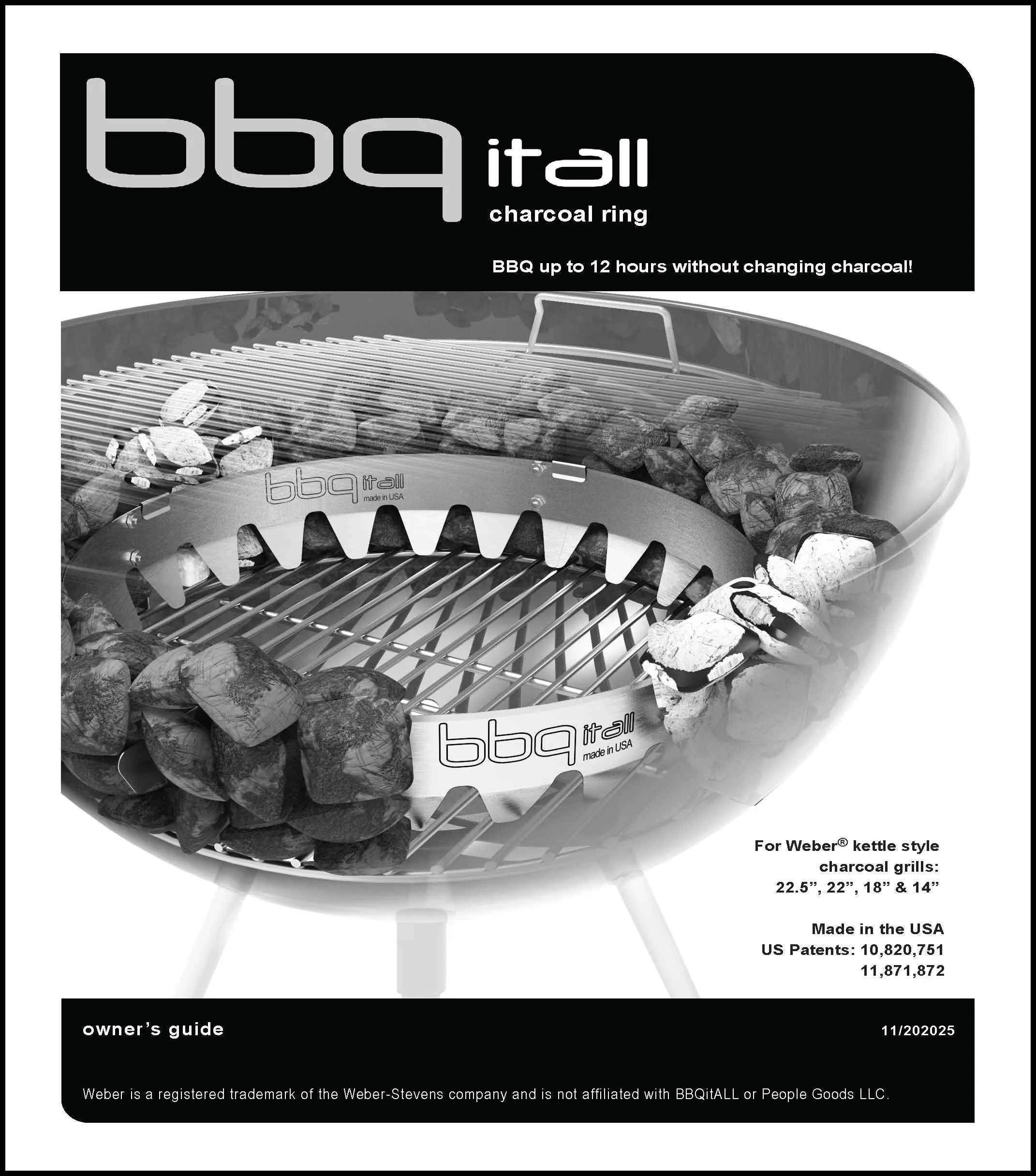 Instruction manual cover for 'bbq it all' charcoal ring, featuring an image of a round charcoal grill with charcoal and a metal grate, made in the USA, with details about compatibility with Weber kettle style grills.