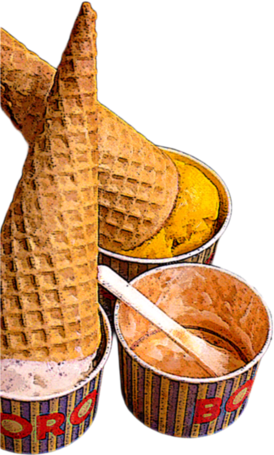 Two ice cream cones with waffle cones and two empty striped paper cups, one with a spatula inside, on a black background.