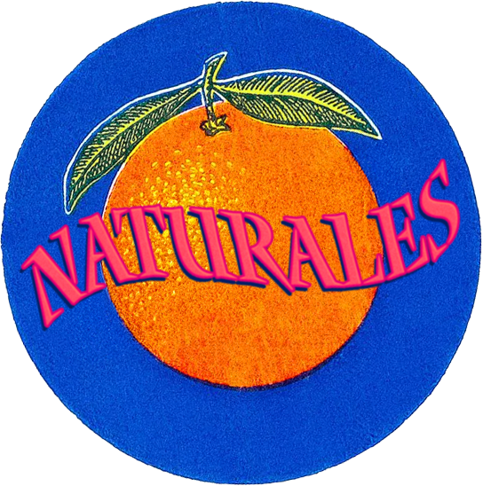 Vintage sticker featuring an orange with leaves and the word "NATURALES" written in pink and purple text over the orange.