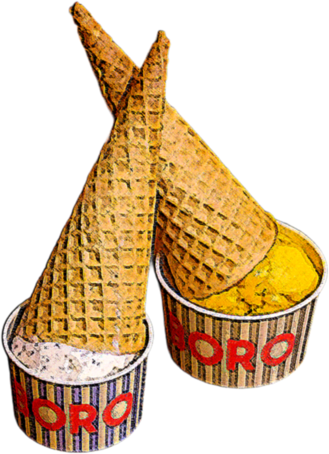 Two waffle cones placed in striped paper cups with the word "BORO" on them, one cup filled with vanilla ice cream and the other with yellow-colored ice cream or sorbet.