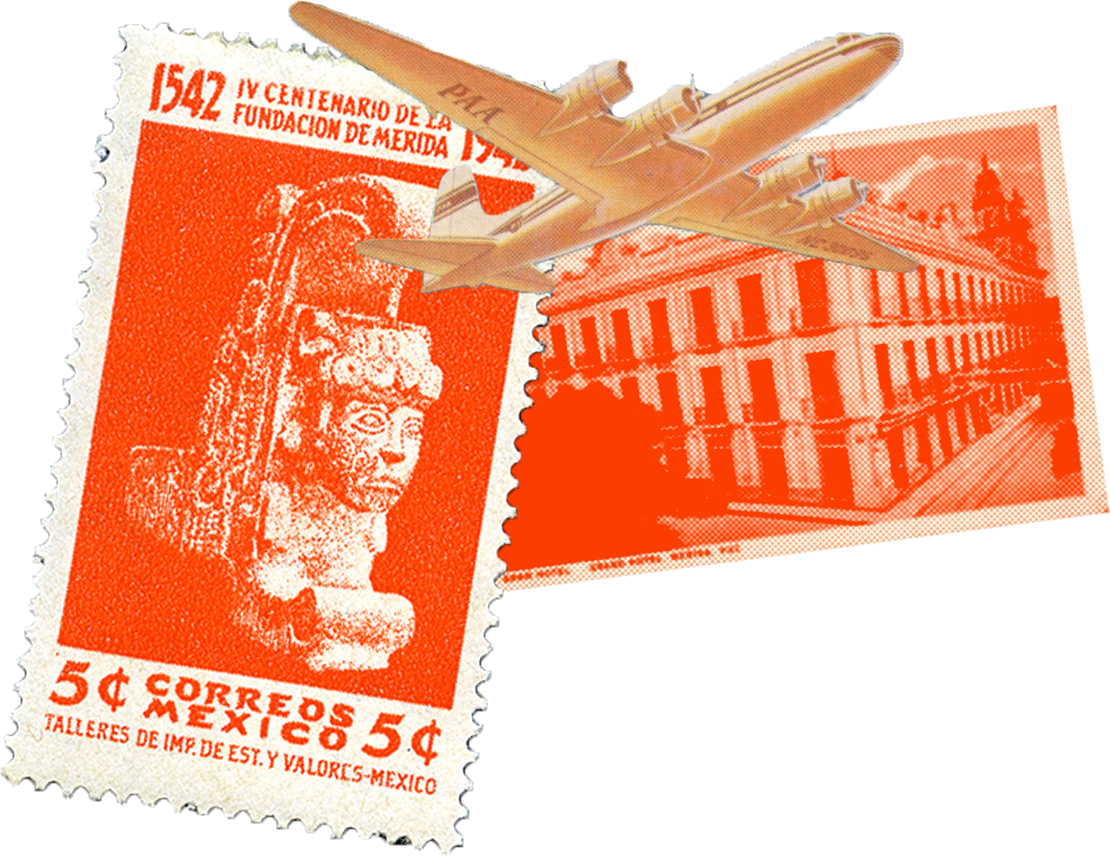 A vintage Mexican postage stamp commemorating the 1502 anniversary of the founding of Mérida, Mexico, featuring a bust of a woman and a fountain, with a model of an airplane flying overhead and an image of a historic building in the background.