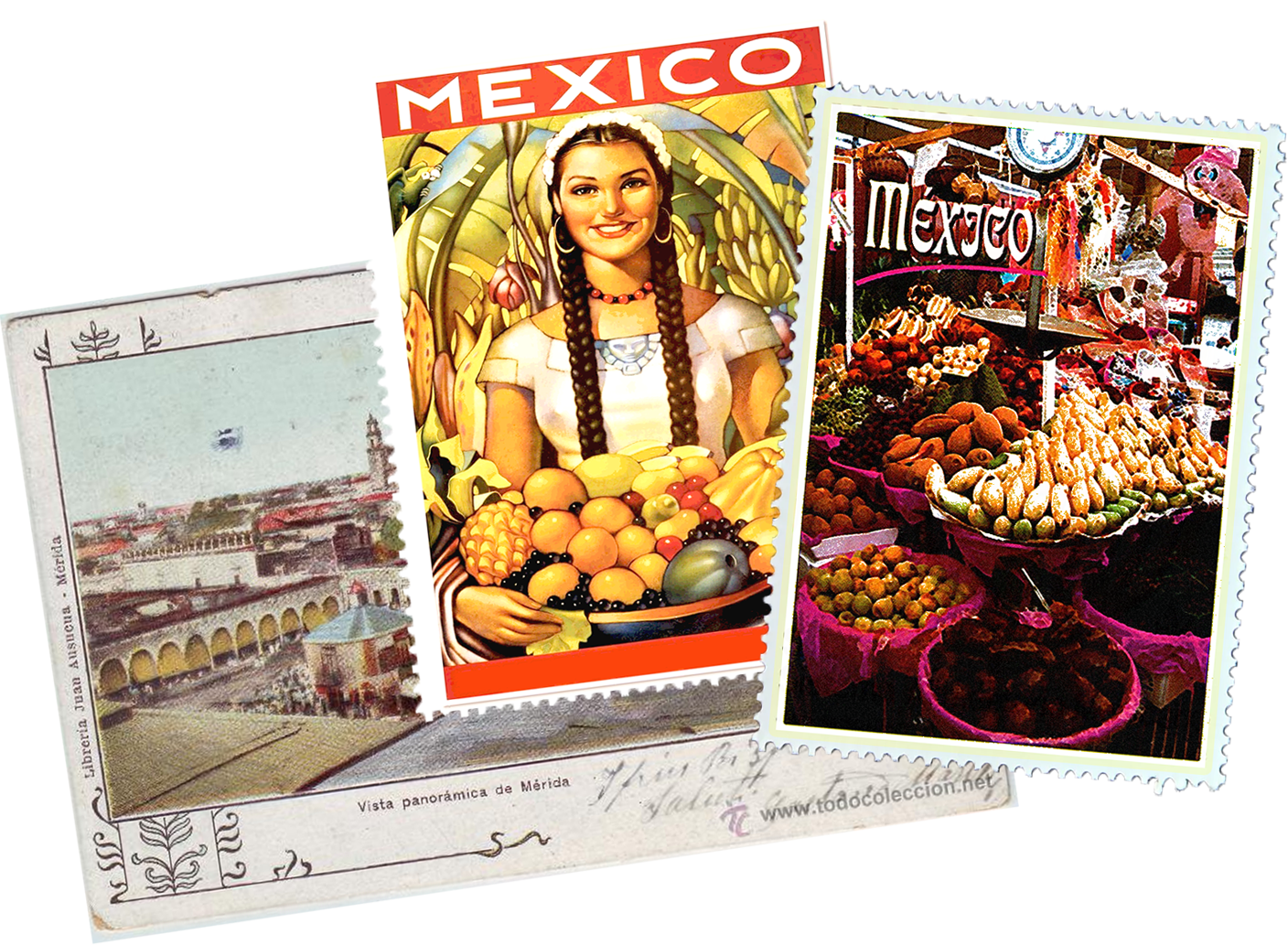 Three postcards featuring Mexico: a colorful illustration of a smiling woman in traditional dress holding tropical fruits, a street market display of various fruits, and a panoramic view of Mérida with an arched building and a street scene.