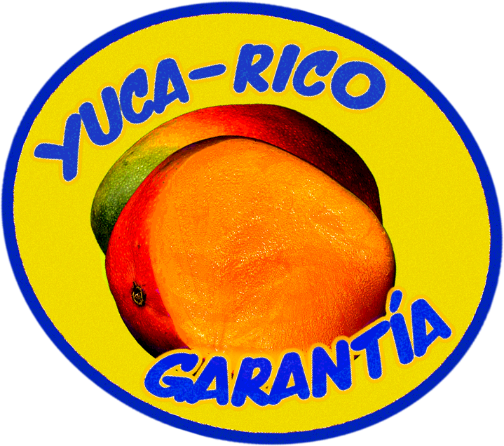 Sticker with a peach and a mango, yellow background, and the text "Yuca-Rico Garantía" in blue, curved around the fruit images.