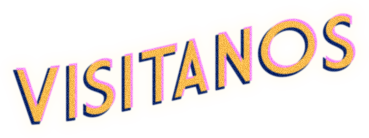 3D text spelling 'VISITANOS' in navy, pink, and yellow on a beige background.