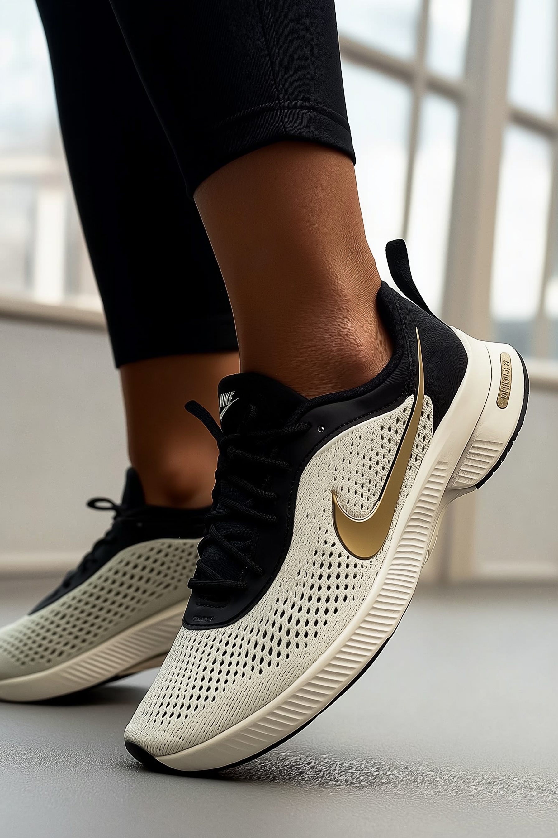 Close-up of a person wearing Nike athletic shoes with a gold Nike swoosh, black accents, and a light-colored perforated upper, standing on a smooth floor.