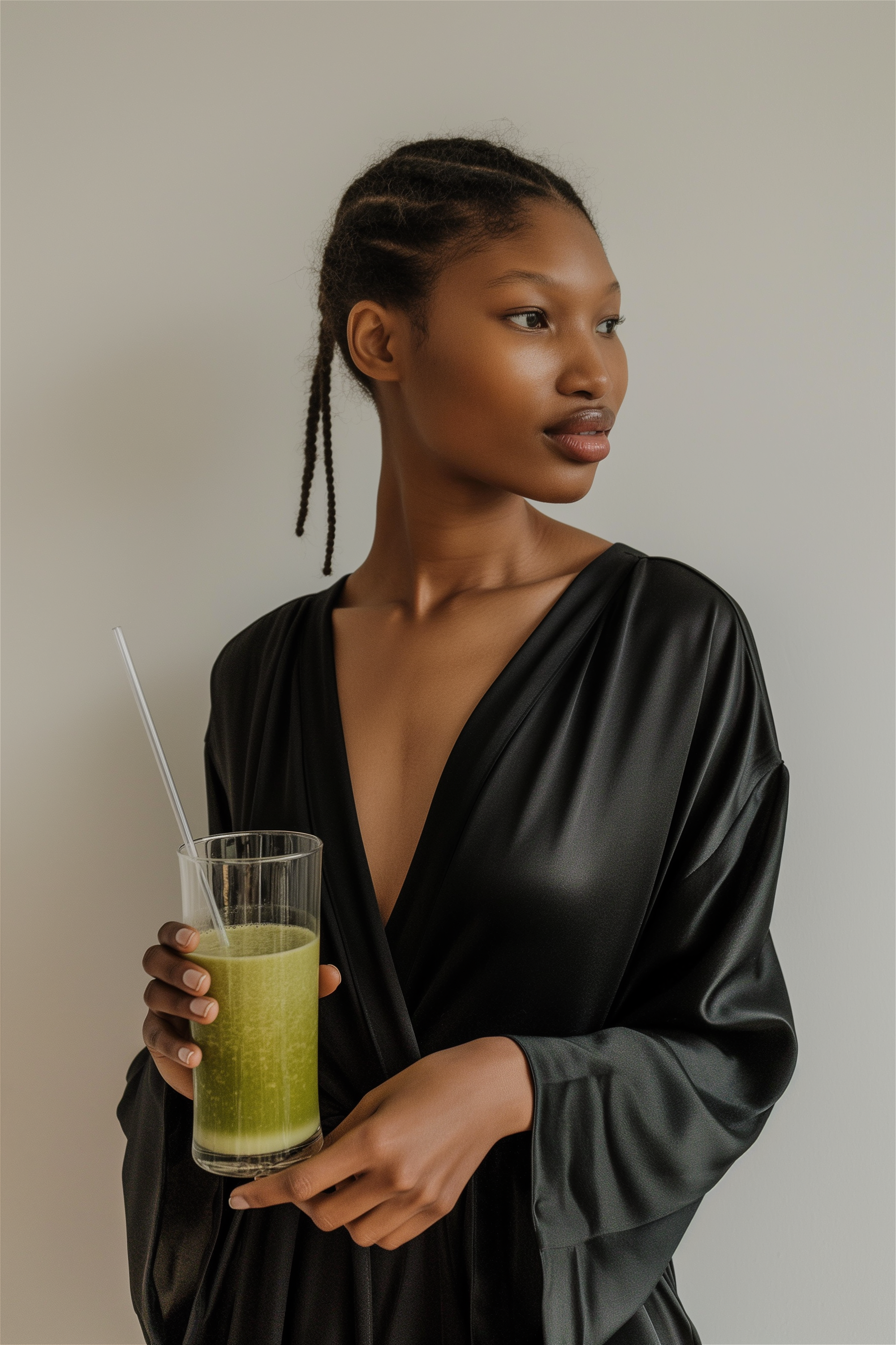 A young woman with braids in her hair, wearing a black satin robe, holds a glass of green smoothie with a straw, standing against a light gray wall.