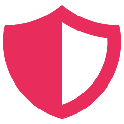 A pink shield icon with a black background.