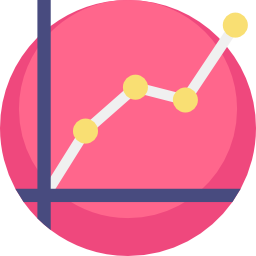 An graph icon showing a pink circle with a white line graph showing an upward trend, with yellow circular data points and dark blue axes.