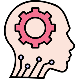 An icon showing a silhouette of a human head with a pink gear inside and circuit lines at the neck, representing artificial intelligence or cognitive technology.