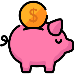 An icon of a pink piggy bank with a gold coin featuring a dollar sign being inserted