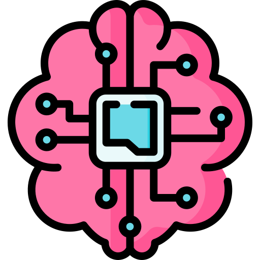 An icon of a pink brain with circuitry and a microchip integrated into it.