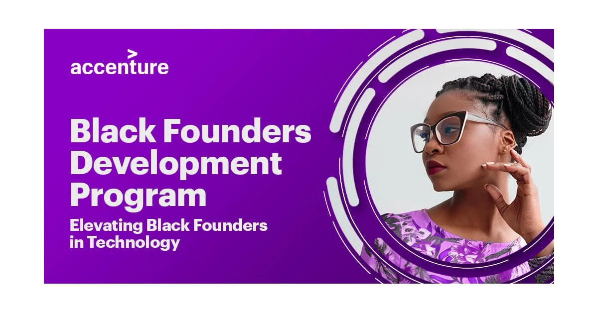 Promotional graphic for the Accenture Black Founders Development Program, featuring a young Black woman with glasses, wearing a purple patterned top, and a purple background with white text.