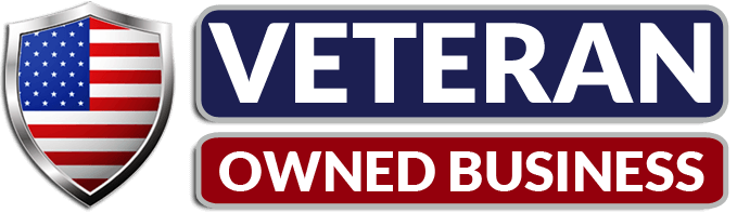 A logo with a shield featuring an American flag, and text that reads 'VETERAN OWNED BUSINESS'.