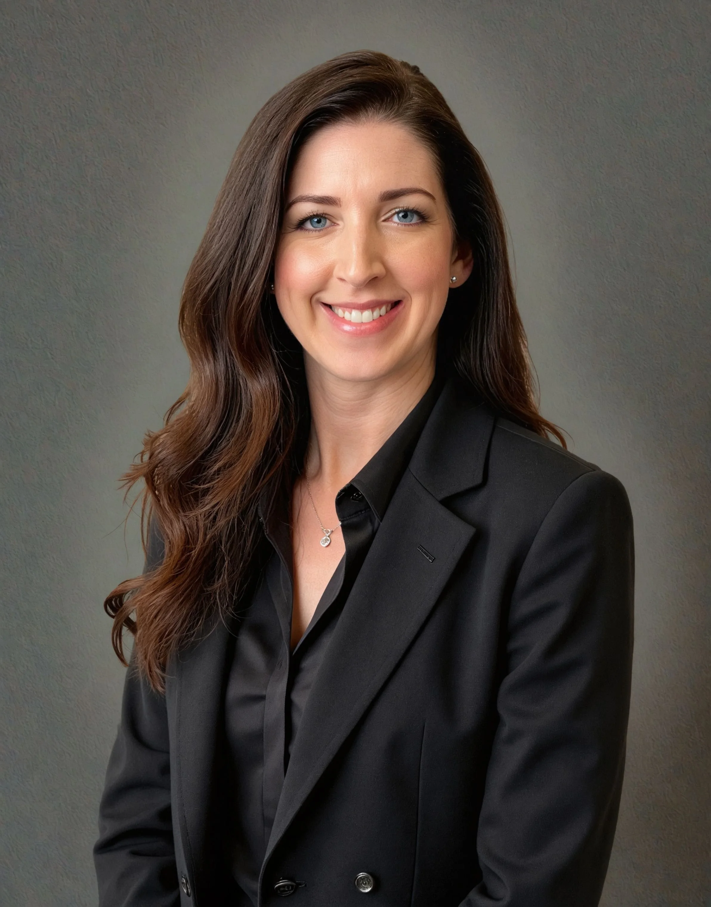 Professional woman with long brown hair, wearing a black blazer and black shirt, smiling against a textured gray background.