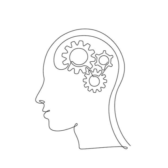 Line drawing of a human head profile with three gears inside the brain area.