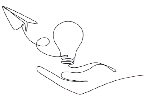 Outline illustration of a hand holding a lightbulb connected to a paper airplane by a wire.