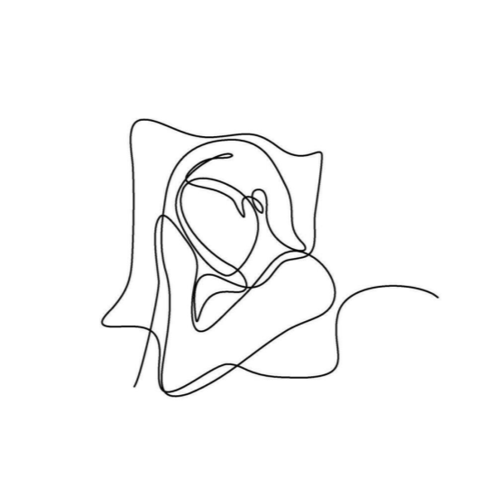 Line drawing of a person sleeping or resting on a pillow