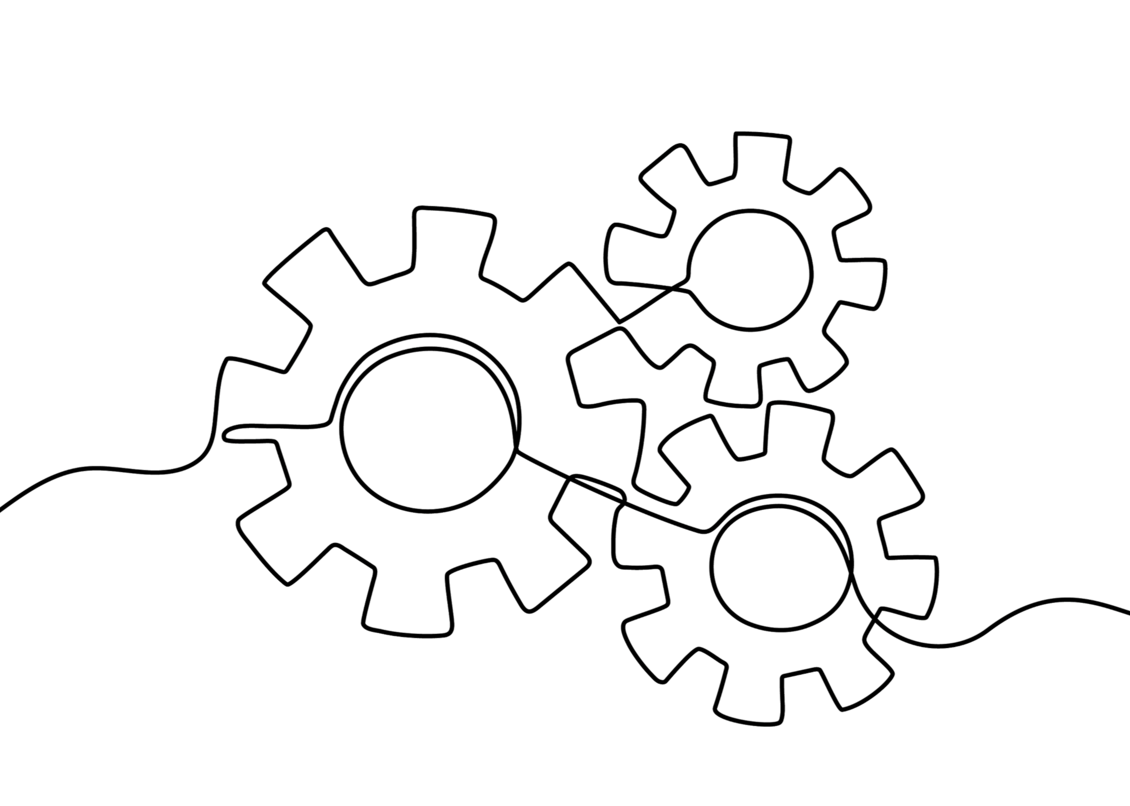 Outline of interconnected gears, representing machinery or mechanical system.