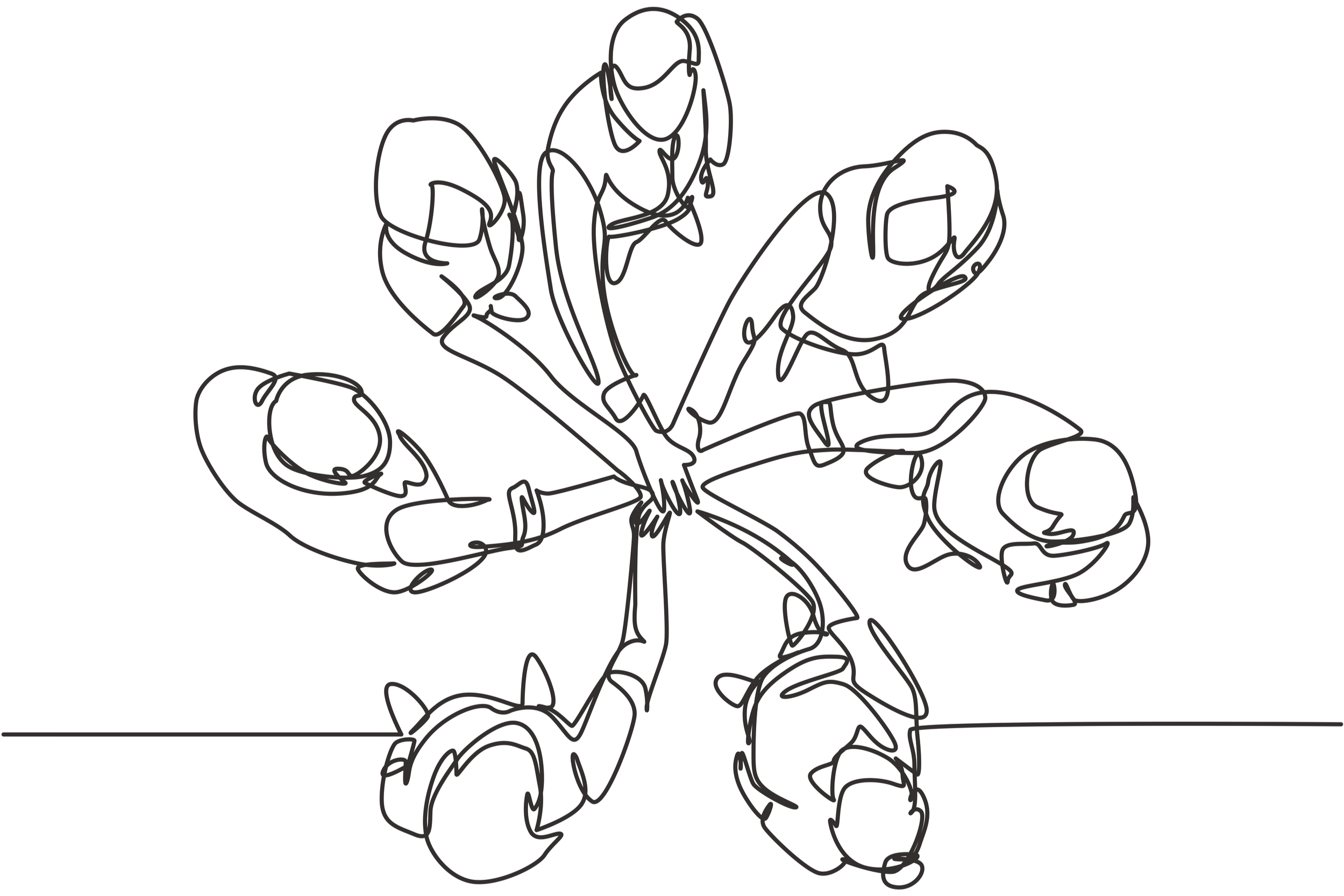 A continuous line drawing of five medical professionals, including doctors and nurses, gathered around a table, with some placing their hands together in the center, symbolizing teamwork.