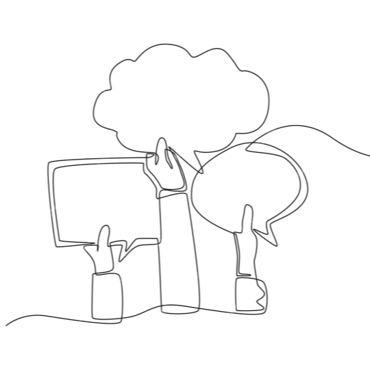 Line drawing of a person with a speech bubble and a thought bubble, holding speech bubbles in both hands.