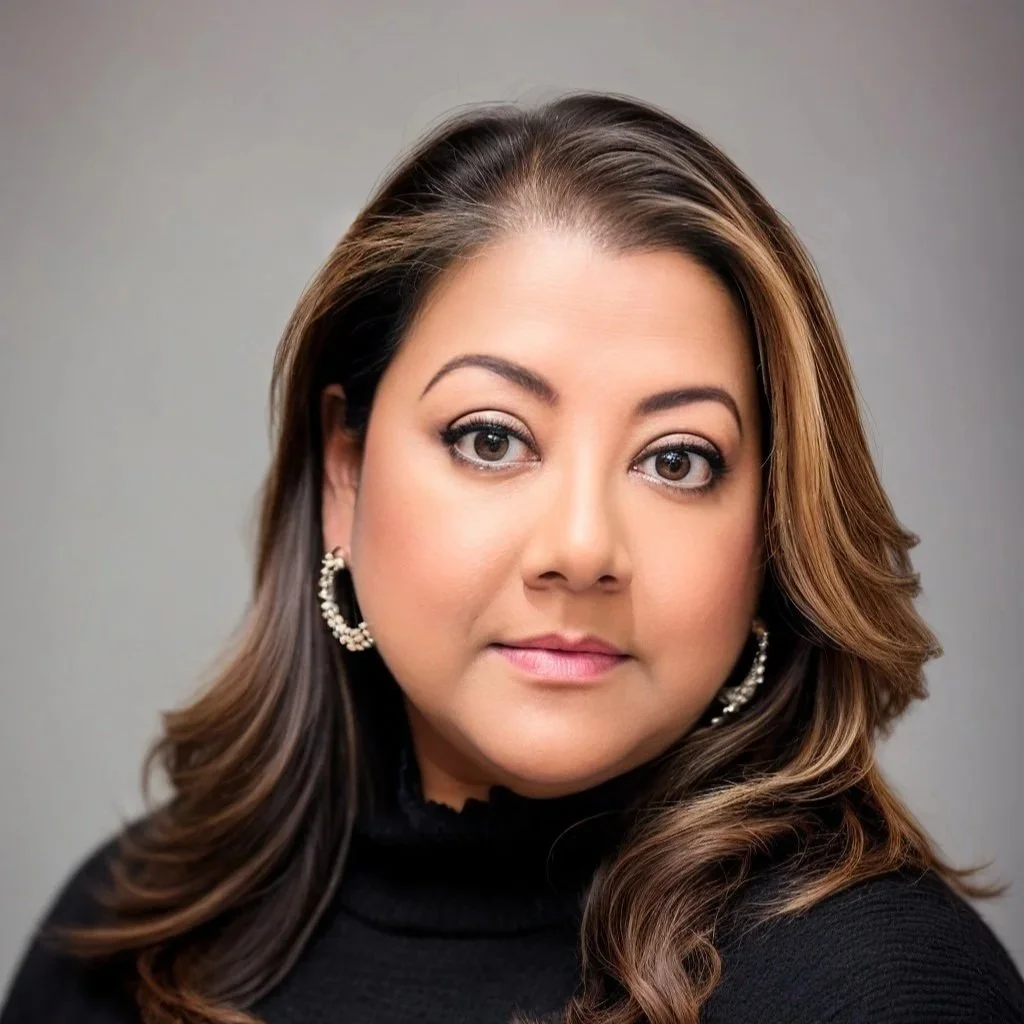Close-up portrait of a woman with long, wavy brown hair wearing earrings and a black turtleneck.