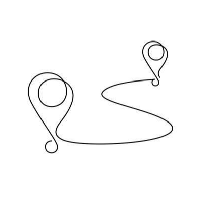 Line drawing of a winding path with two location pins attached, representing a route or journey.