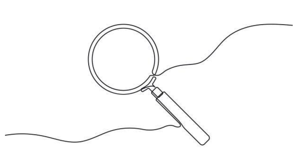 Line drawing of a hand holding a magnifying glass.