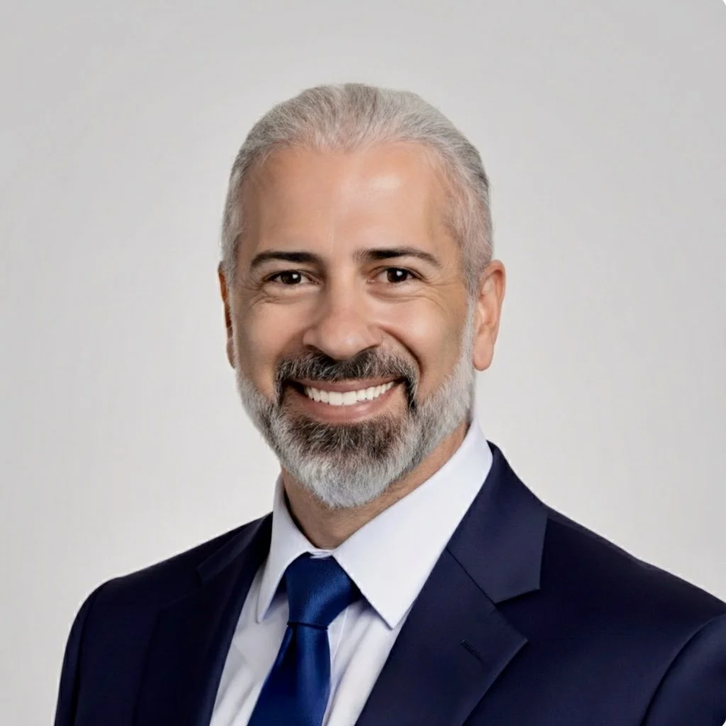 A headshot of a smiling man with gray hair and a gray beard, dressed in a navy suit, white shirt, and blue tie, against a plain light gray background.