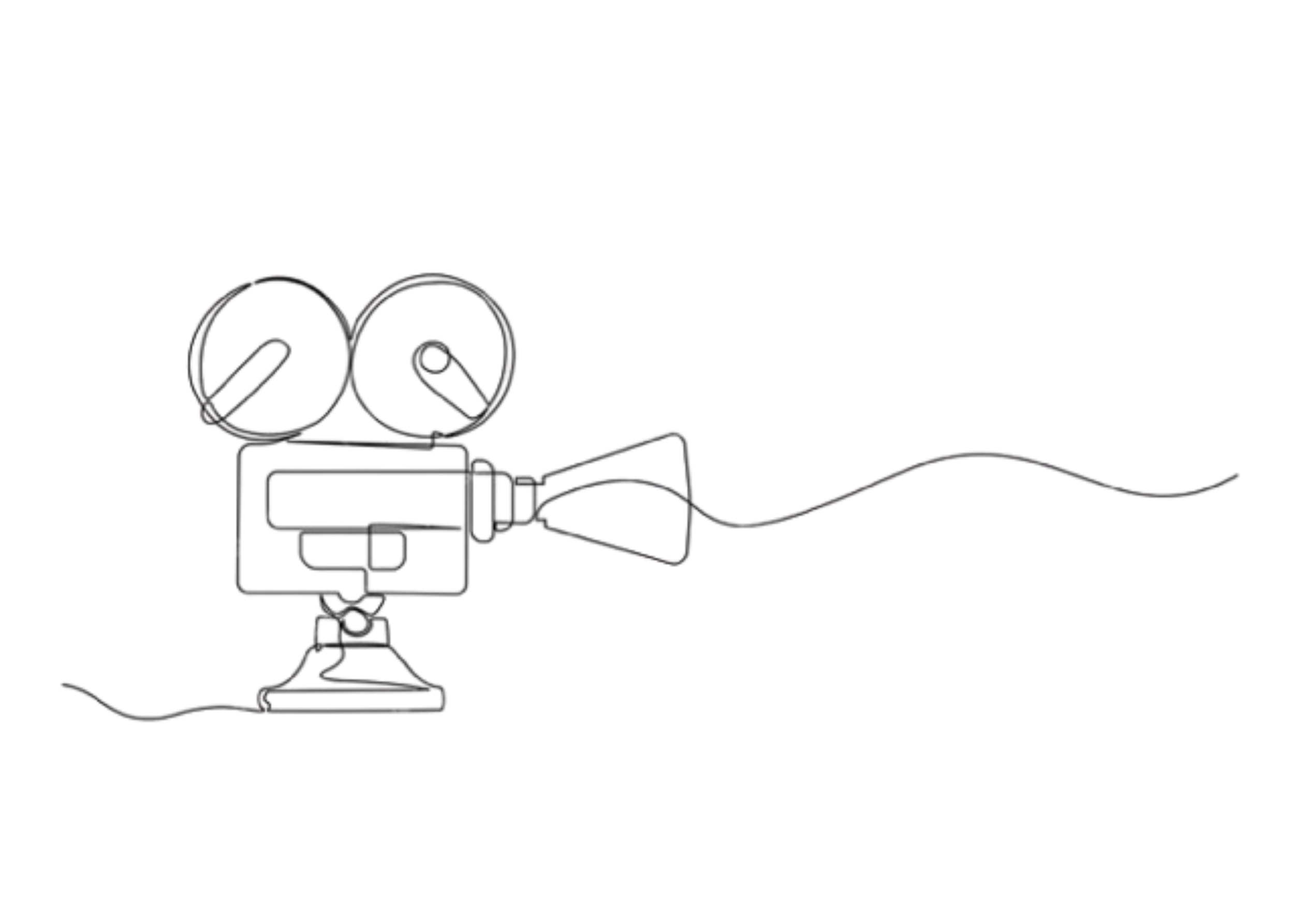Outline drawing of a vintage film projector with two reels on top, a red film cover on the front, and a long film strip extending to the right.