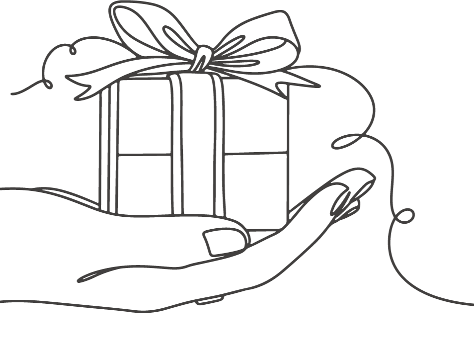 Line drawing of a hand holding a small gift box with a ribbon and bow.