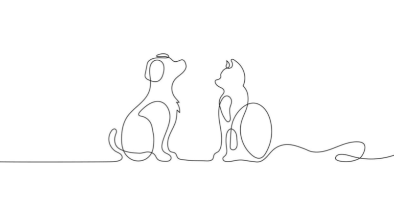 Line drawing of a dog and a cat facing each other, formed by continuous single line art.
