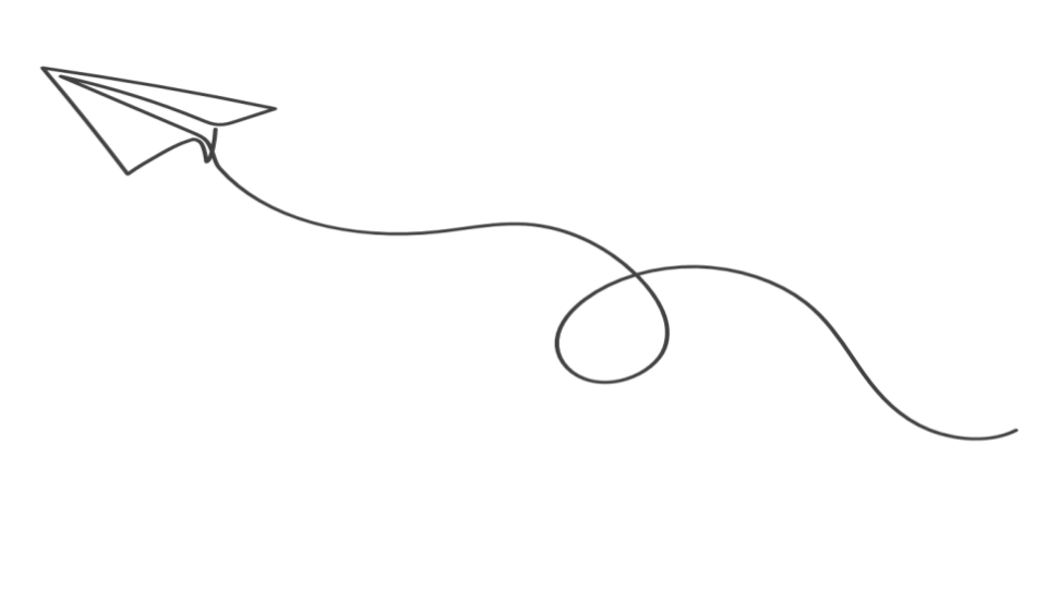 A simple line drawing of a paper airplane with a curved tail trailing behind.