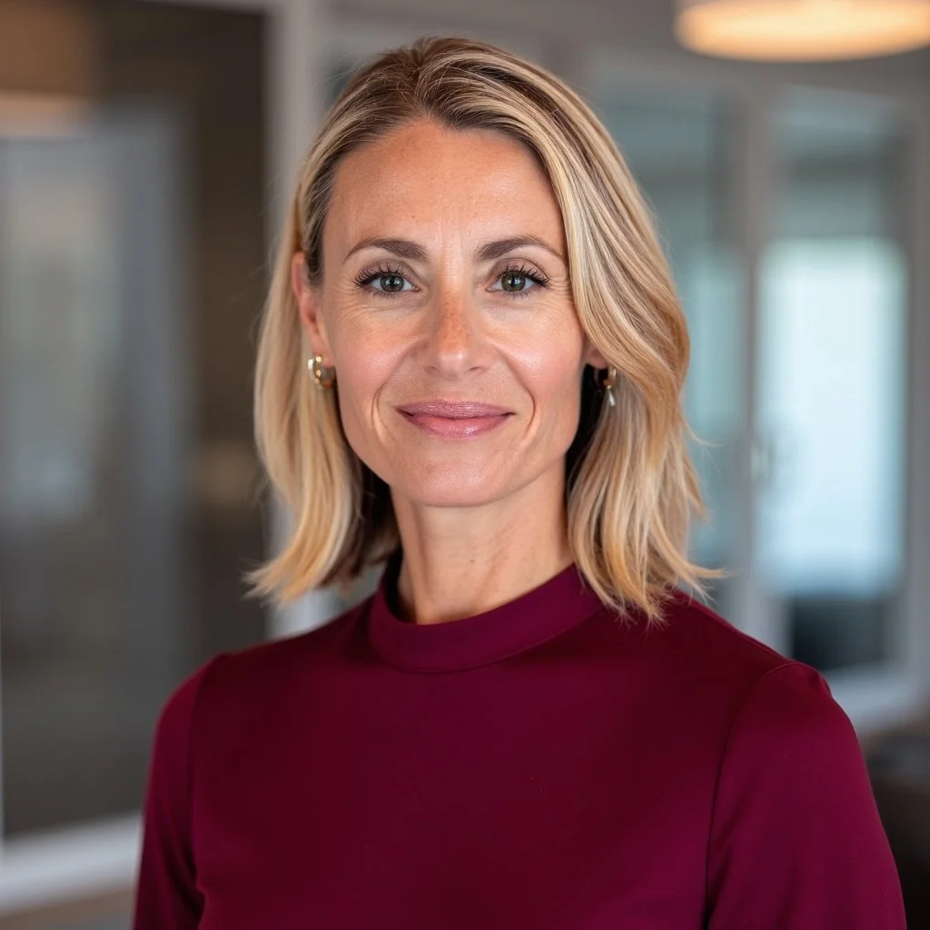 A professional woman with blonde shoulder-length hair and hoop earrings, wearing a burgundy top, standing in an office environment.
