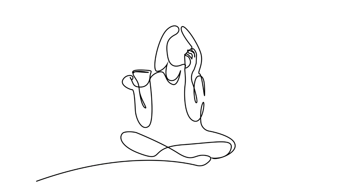 Line drawing of a person sitting cross-legged, holding a steaming cup, with long hair.