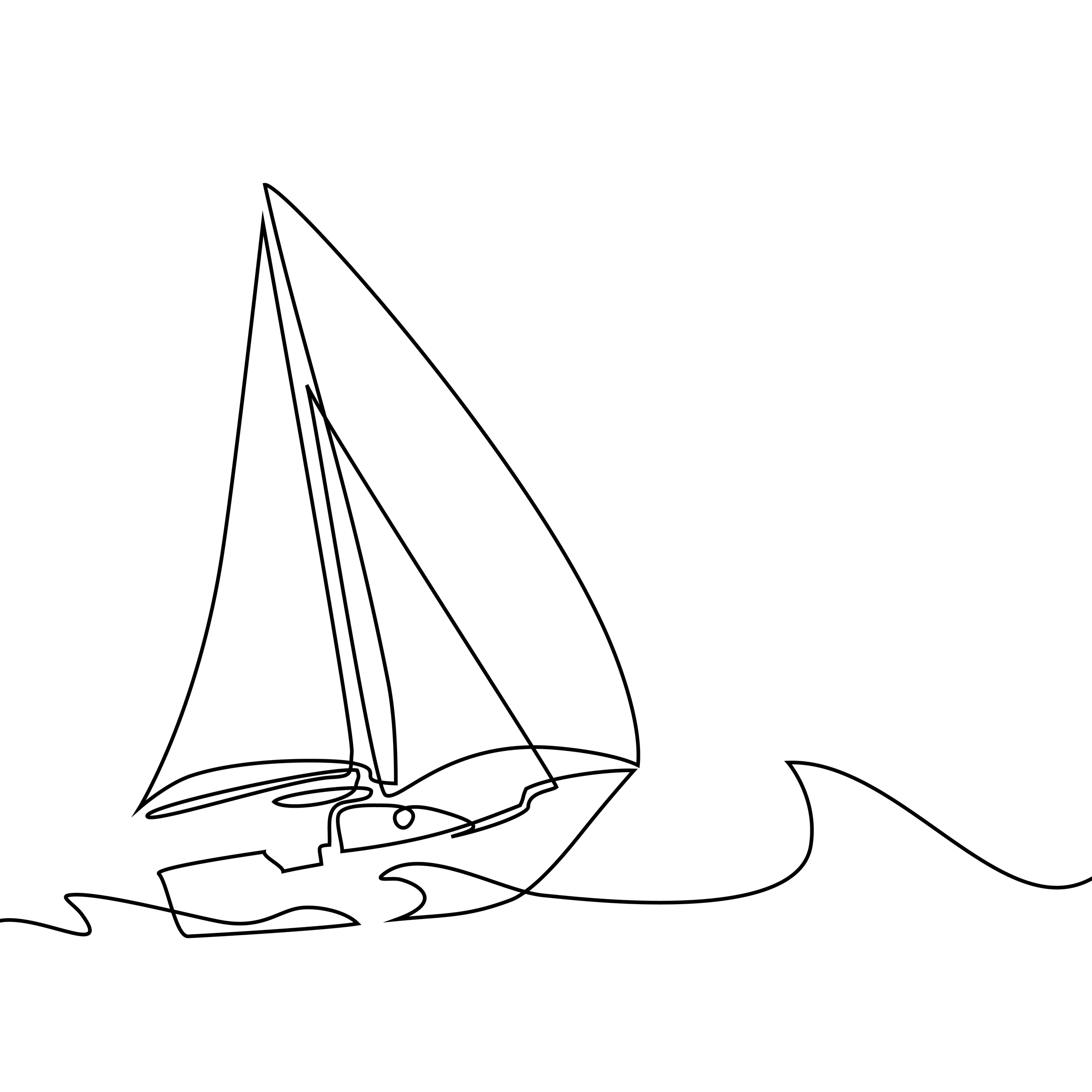 Line drawing of a sailboat on water with sail and waves.