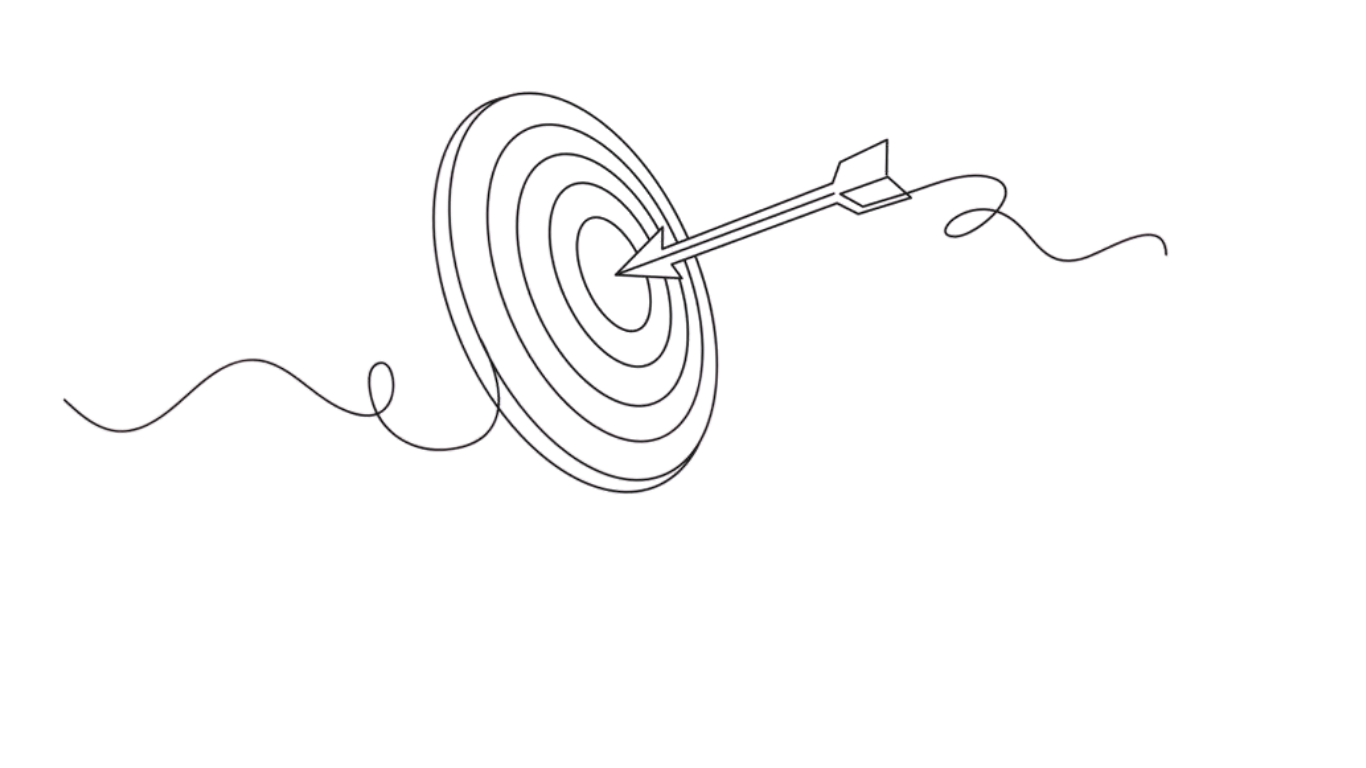 A wire drawing of a dart hitting the bullseye on a target, with a string connected to the dart