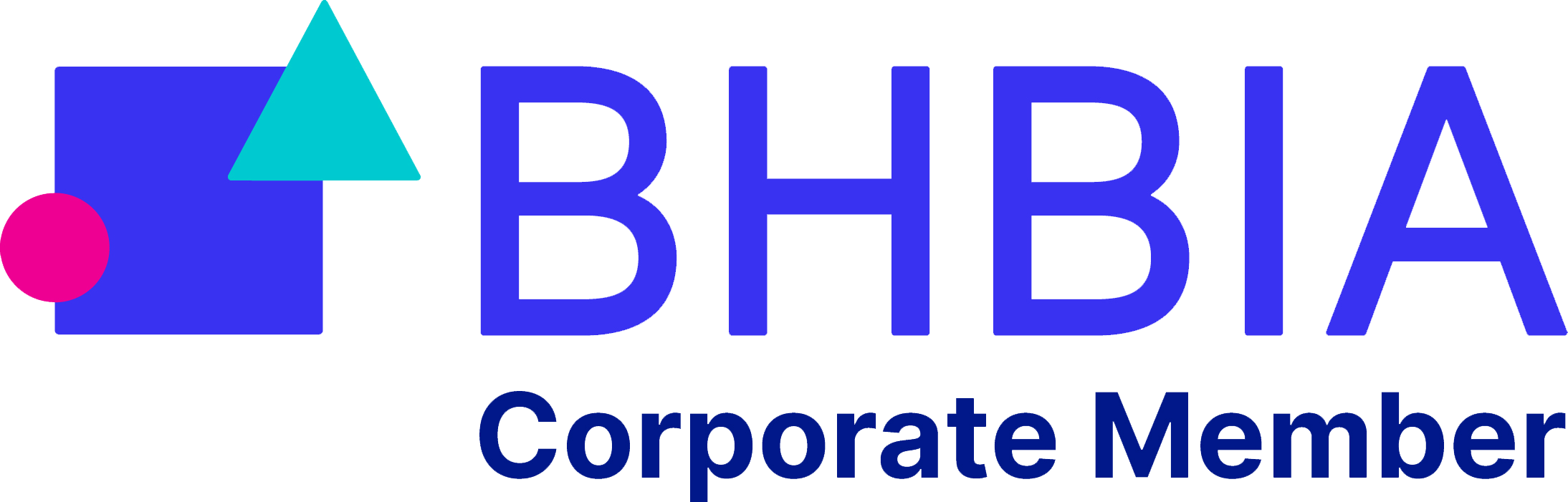 The image shows the logo of BHBIA, with the text "BHBIA Corporate Member." The logo features a blue square with a pink circle and a turquoise triangle inside.