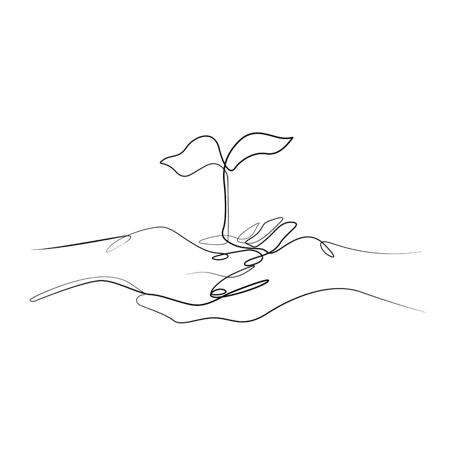 Line art illustration of a seedling sprouting from the soil with roots visible beneath the surface.