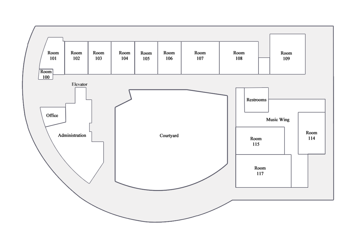 A floor plan of a building with numbered rooms, an elevator, office, administration area, courtyard, restrooms, music wing, and several rooms labeled 100 to 117.