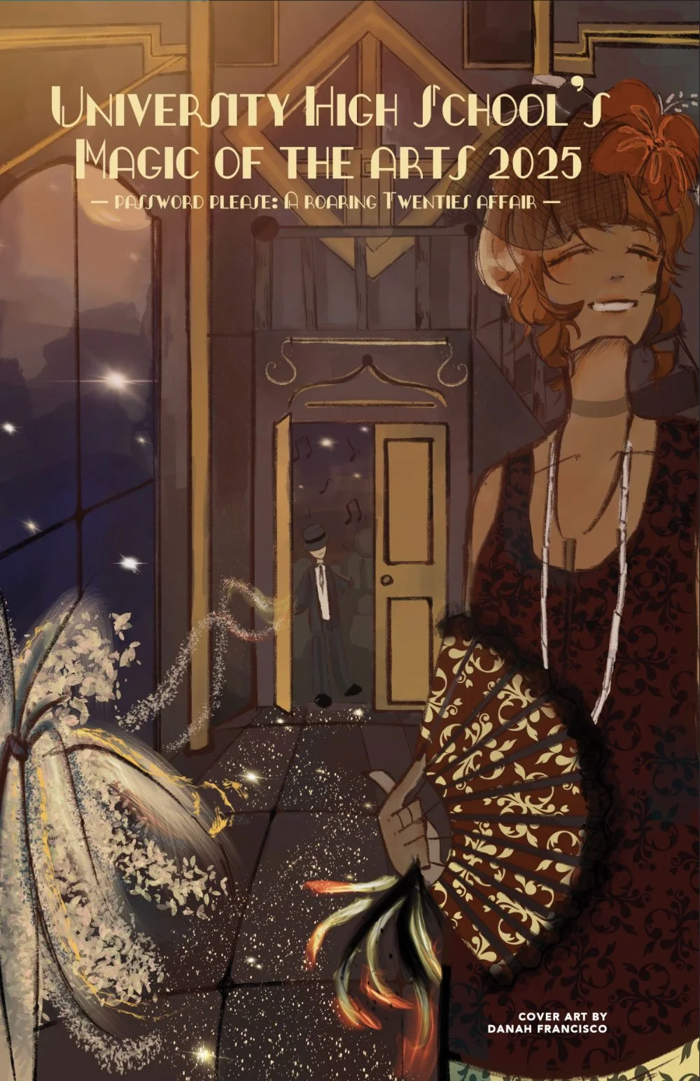 Cover art for a 2025 high school event titled "Magic of the Arts," featuring a young woman smiling, holding a decorative fan, standing near a doorway with a lively scene including a magician and sparkles, with a night sky background.