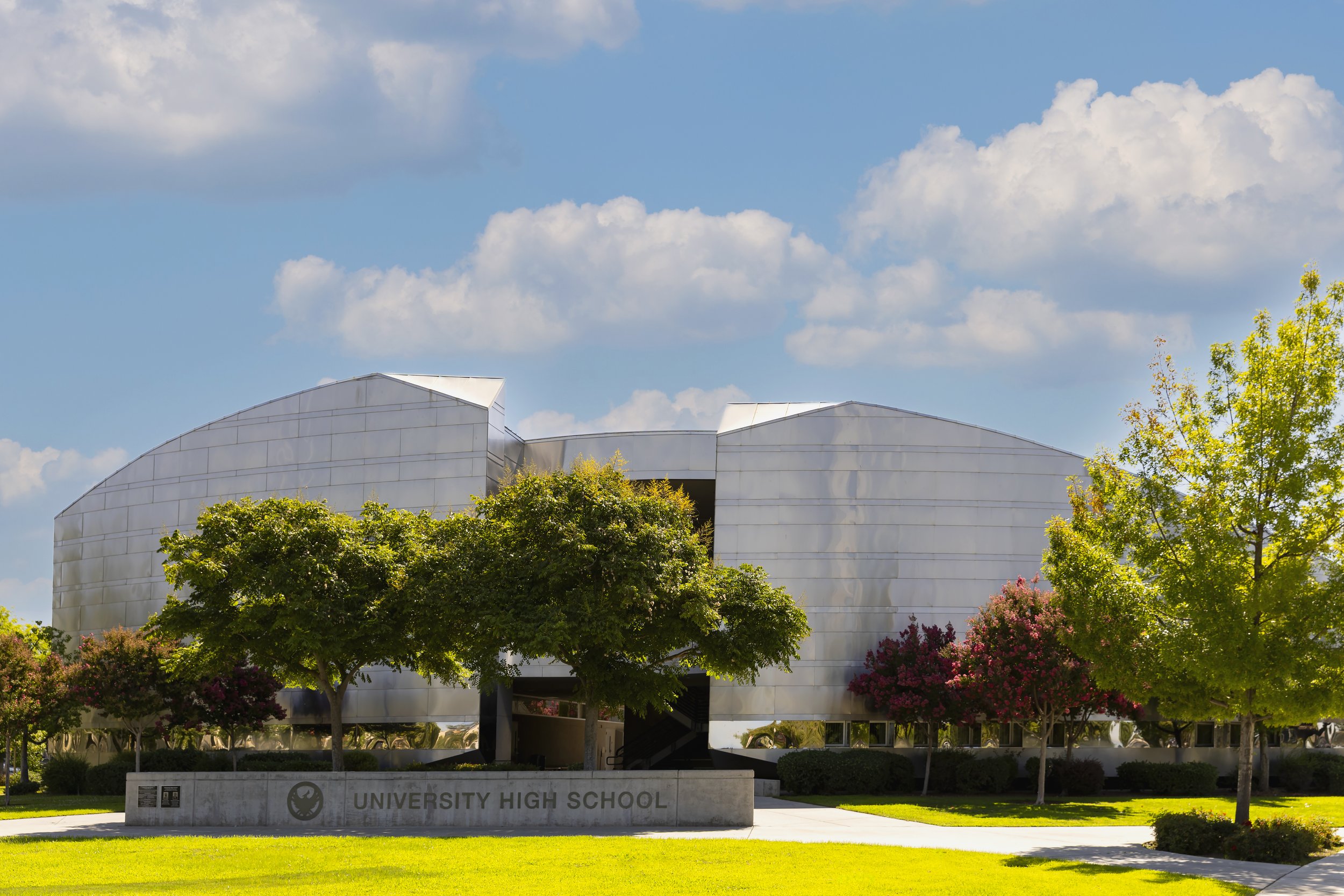 Modern university high school building with trees and flowering shrubs in front, blue sky with clouds in the background.
