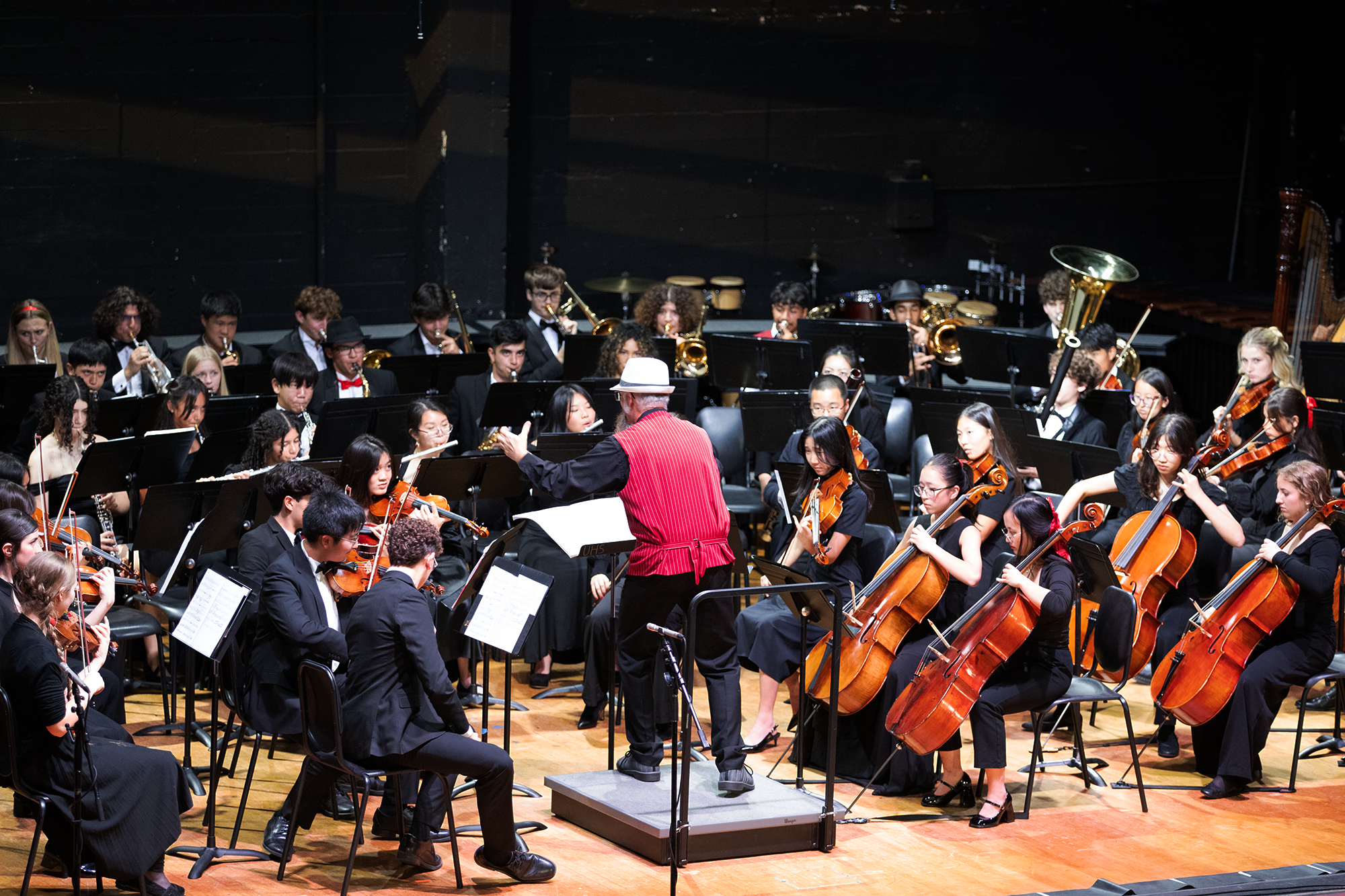 Orchestra performing on stage with conductor in front, various string, wind, and percussion instruments.