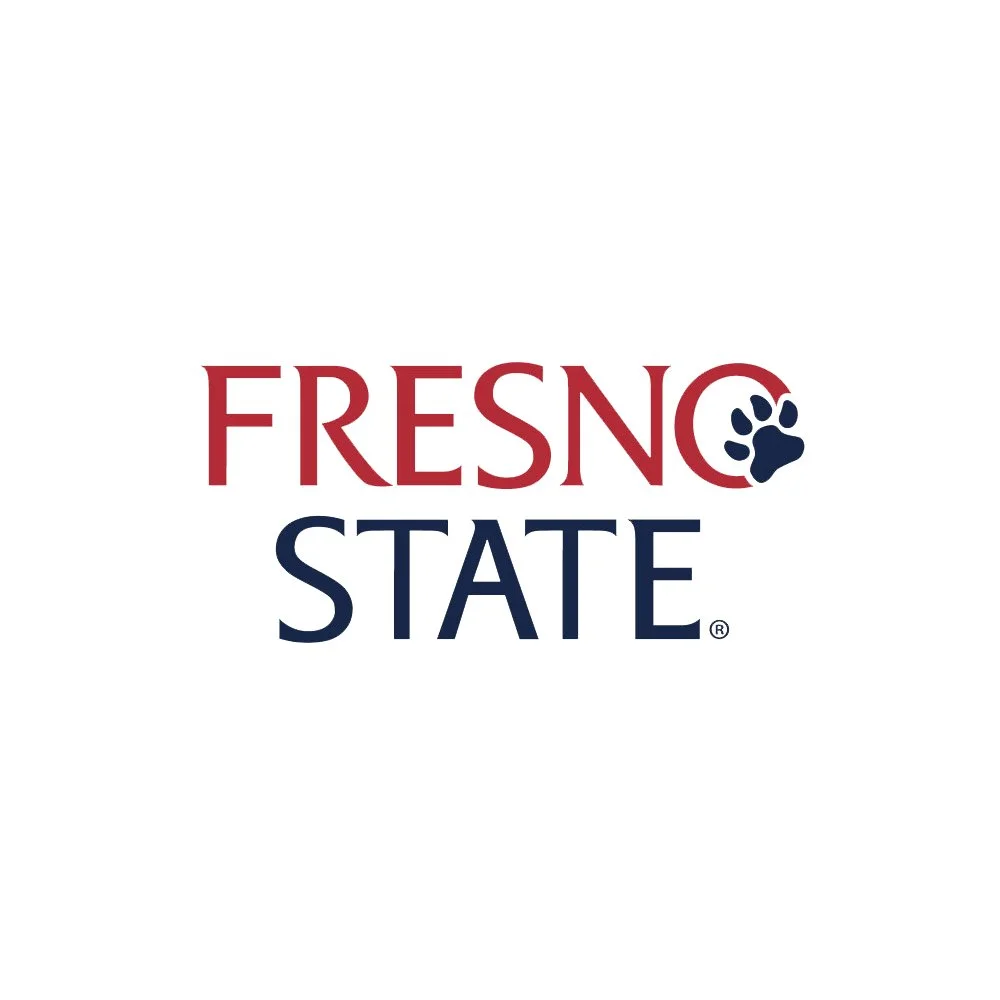 Fresno State logo with red and navy blue text and a paw print in place of the letter 'O'