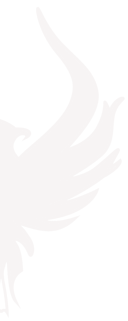 A stylized, abstract black and white illustration of a winged figure.