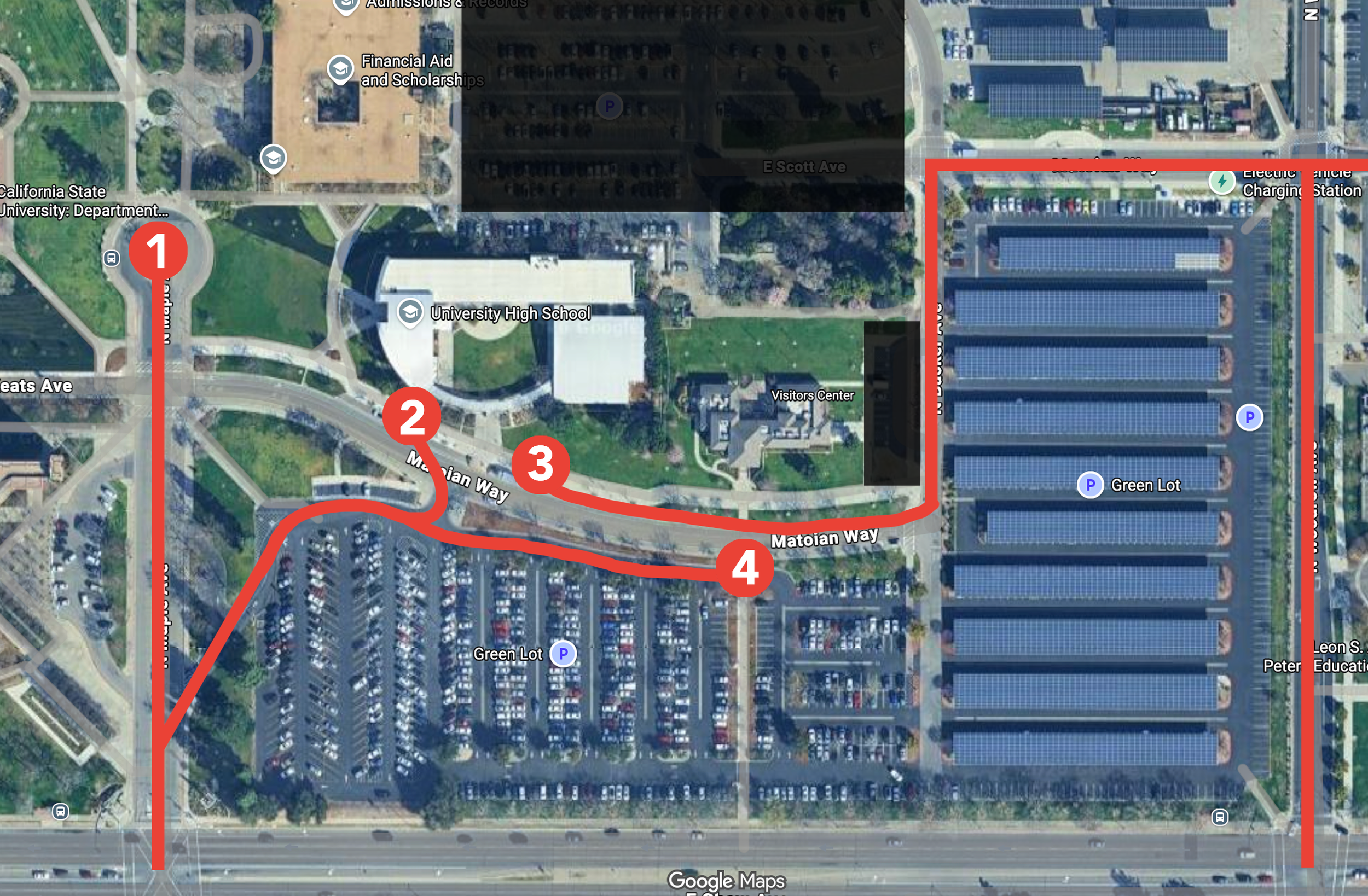 Map showing a route on a college campus from the bottom left, marked with numbered steps 1 through 4, passing through parking lots and alongside university buildings.